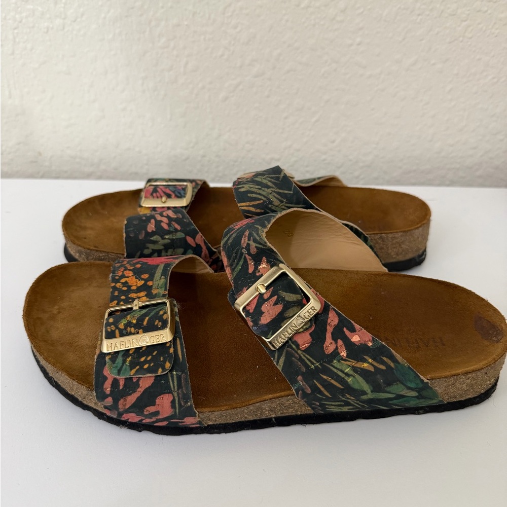 Haflinger Floral Double-Buckle Slide Sandal - Green/Pink/Gold Buckles - Picture 3 of 7